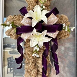 Elegant Burlap and Purple Ribbon Cross with White Lilies